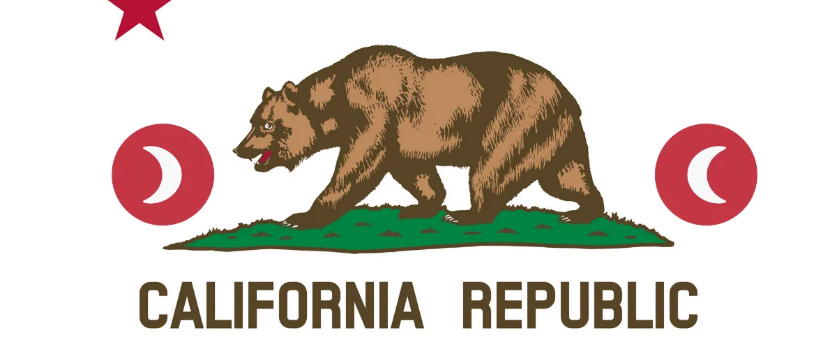 CALIFORNIA OXBRYTA LAWYERS: Los Angeles, San Diego, San Jose, and San Francisco text on CA state flag with sickled cells depicted near a grizzly bear and red star.