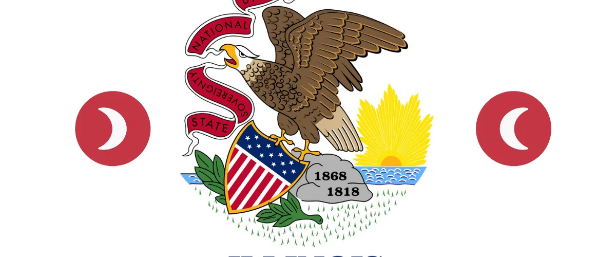 ILLINOIS OXBRYTA LAWYERS: Chicago, Aurora, Rockford, and Springfield text on IL state flag with sickled cells depicted near a bald eagle perched on a rock and holding a shield, as the sun shines bright.