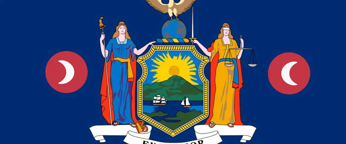 NEW YORK OXBRYTA LAWYERS: NYC, Albany, Rochester, Buffalo, and Syracuse text on NY state flag with sickled cells depicted near Liberty and Justice holding a sword and scales, an eagle atop a globe, and a shield featuring the sun shining over the mountains onto Hudson River boaters.